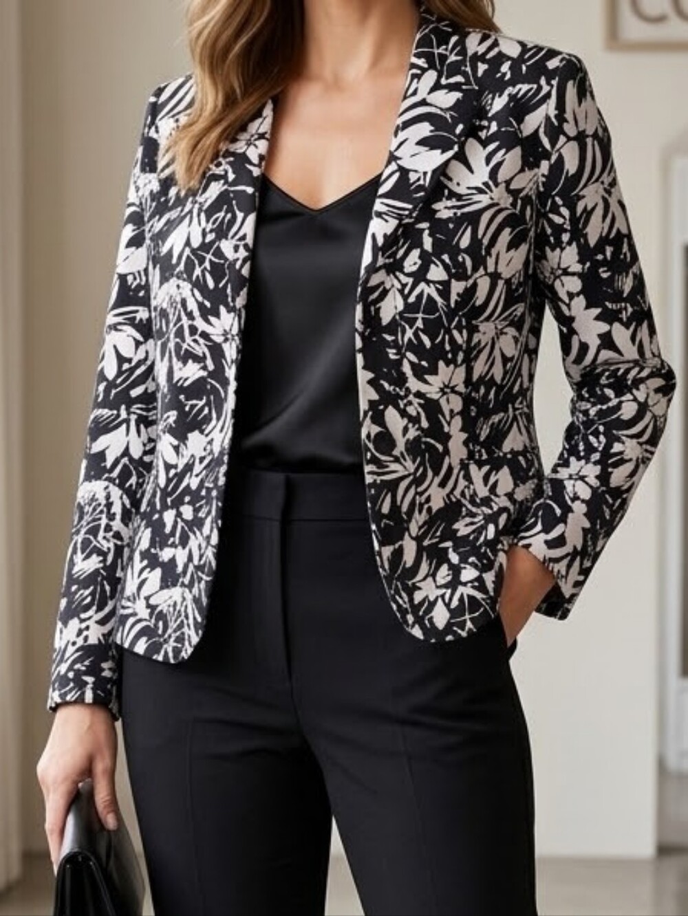 Laura Scott Women's Size 10 Blazer Black White Floral Y2K Vintage
